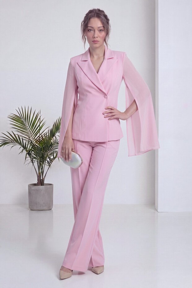 Women's Double-Breasted Jacket with Chiffon Sleeve Detail and Straight-Leg Pants Set in Pink, Brown