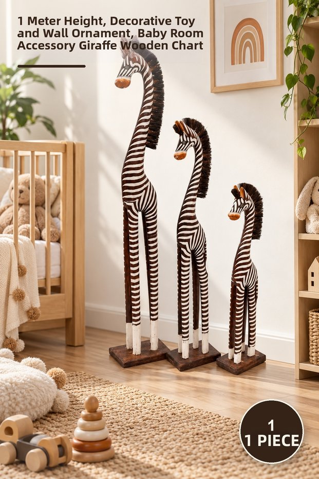1 Piece Wooden Giraffe Set of 3 – 1 Meter Length, Decorative Toy and Wall Ornament, Baby Room Accessory Giraffe Wooden Chart