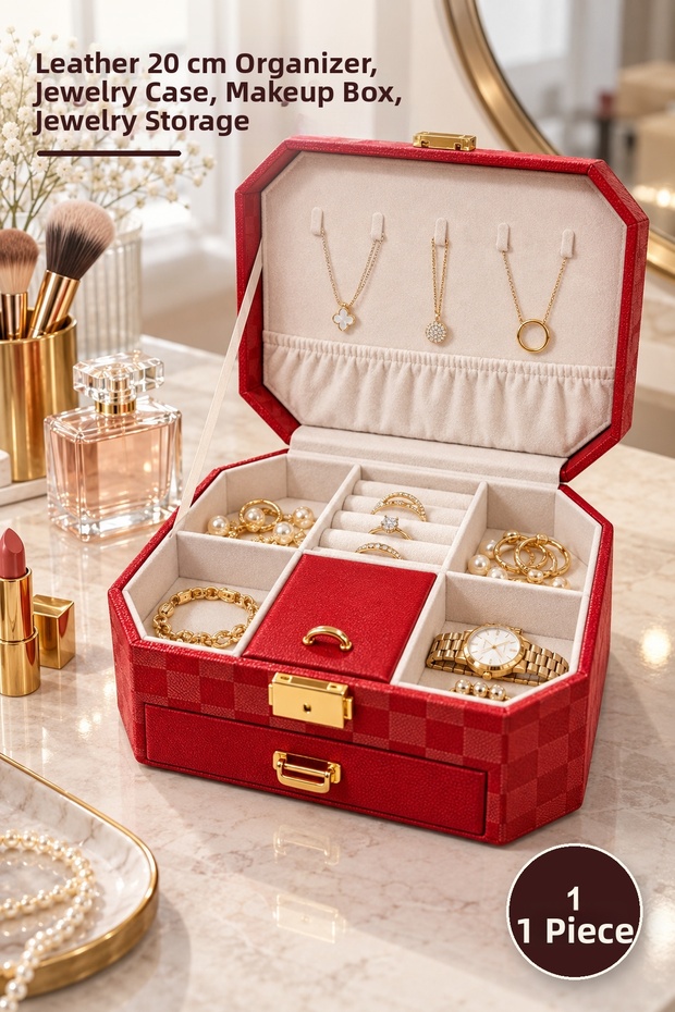 1 piece makeup and jewelry box - leather coated 20 cm organizer, jewelry case, makeup box, jewelry storage