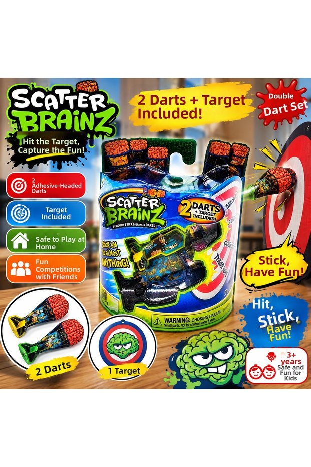 Scatter Brainz Double Dart Set 2 Pieces Sticky Tip Darts and Target Fun Toy Game Set