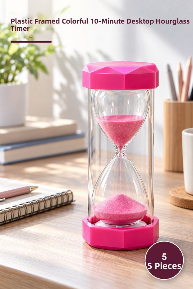 5 Pieces of Hourglass Timers – Colorful 10-Minute Desktop Timer with Plastic Frame