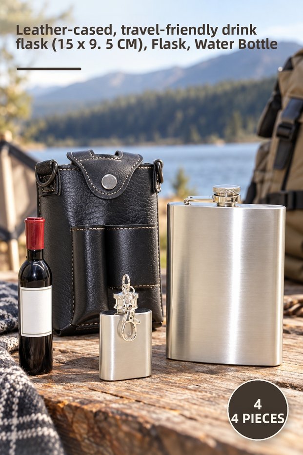 4-Piece Flask Set – with Leather Case, Practical Beverage Flask for Travel (15 X 9.5 cm), Flask, Water Bottle