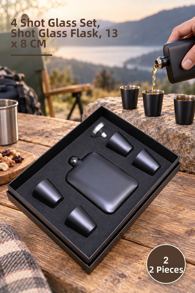 2-Piece Shot Glass Flask Set – Flask with 4 Shot Glasses, Shot Glass Flask, 13 X 8 cm