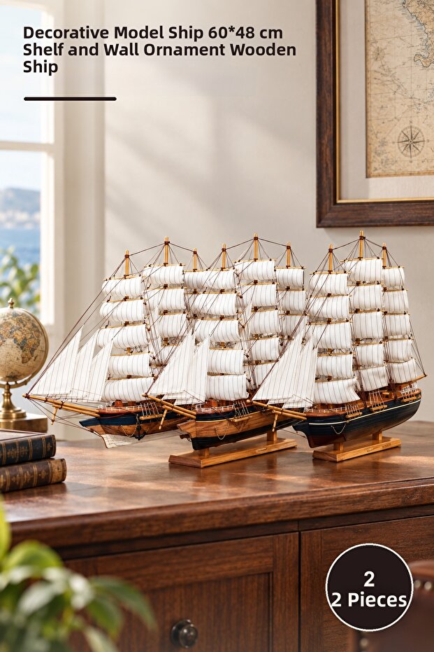 2 Wooden Ships – Decorative Model Ship 60*48 cm Shelf and Wall Ornament Model Boat Wooden Ship