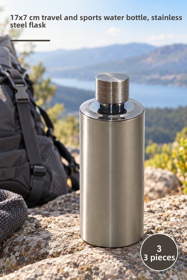 3 Stainless Steel Water Bottles – 17X7 cm Water Bottle for Travel and Sports, Stainless Steel Bottle, Flask