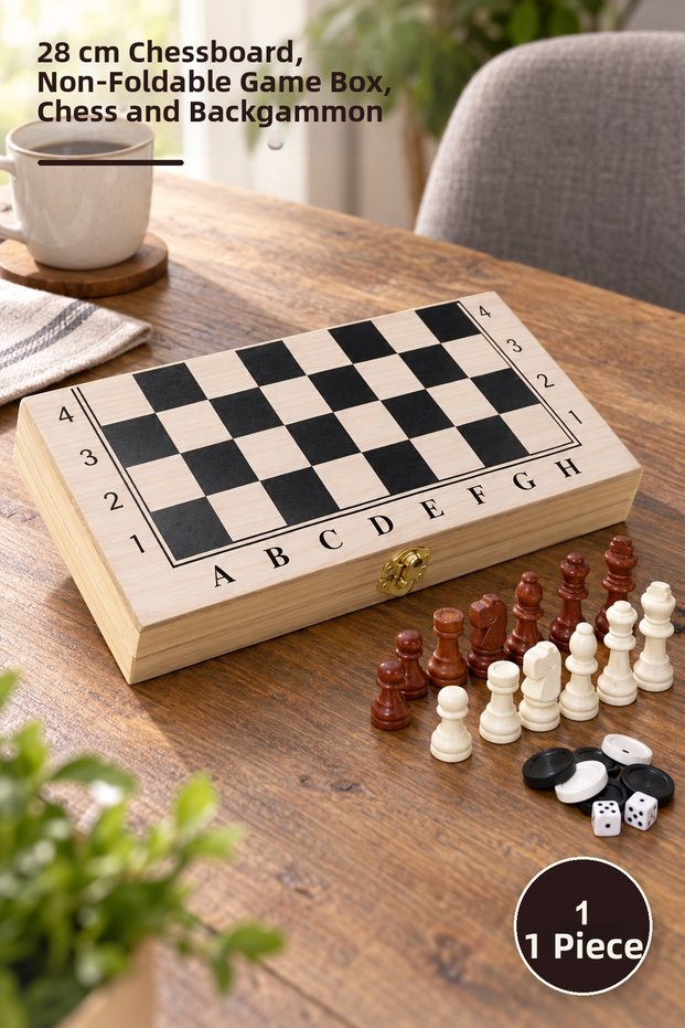1 Piece Chess and Backgammon Set with Wooden Box – 28 cm Board, Non-Foldable Game Box, Chess and Backgammon