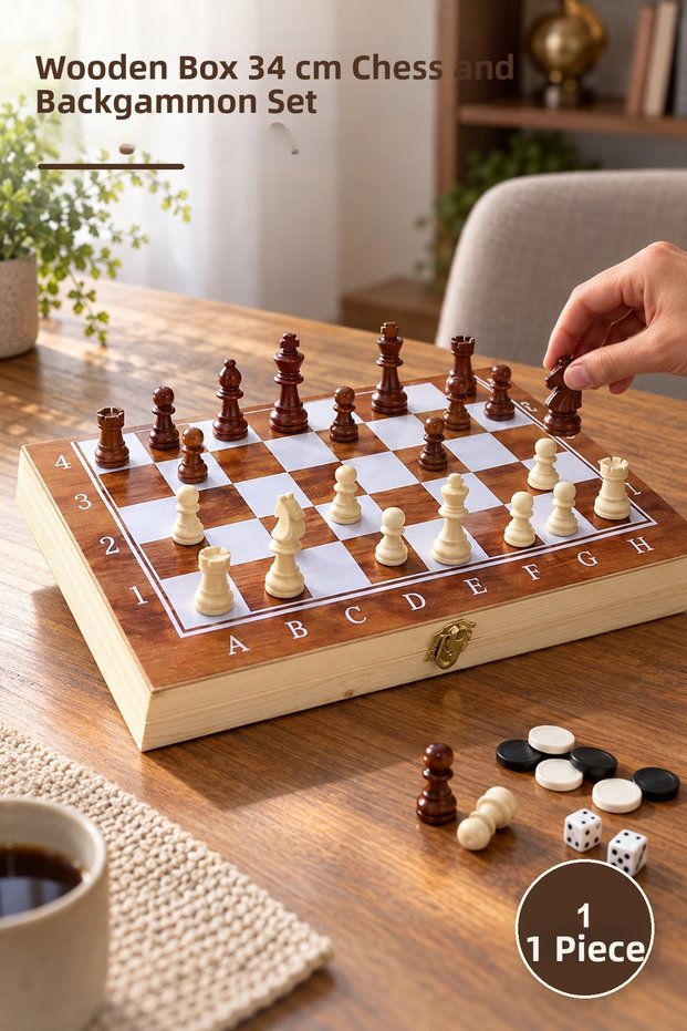 1 Piece Chess and Backgammon Set with Wooden Box – Wooden Box 34 cm Board Chess and Backgammon Game