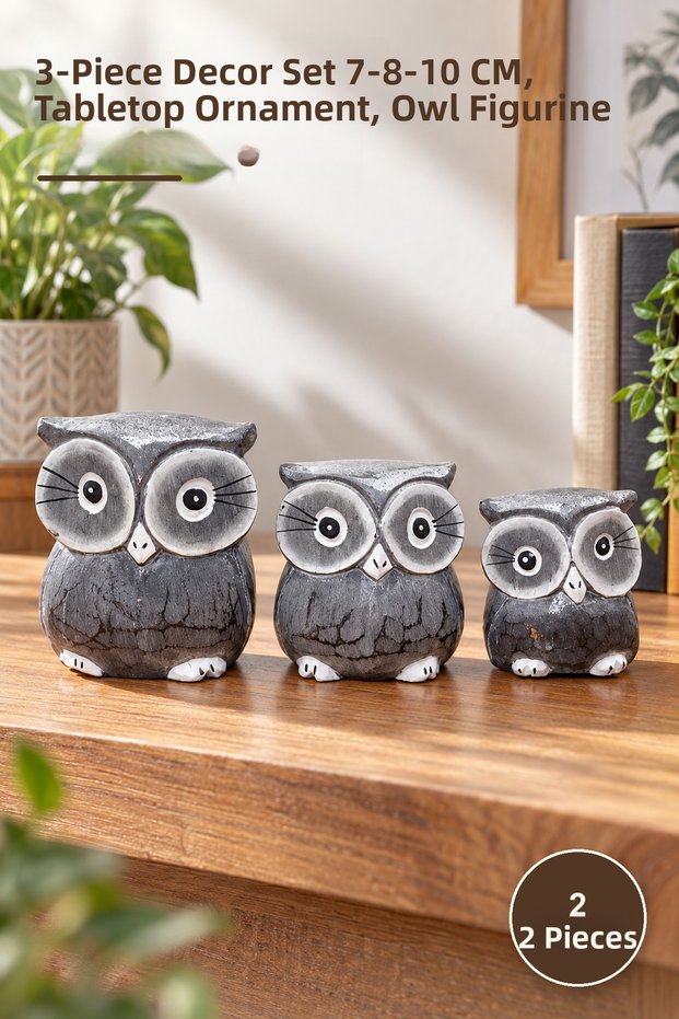 2 Piece Wooden Owl Figure Set – Set of 3 Decorative Pieces with Dimensions 7-8-10 Cm, Tabletop Ornament, Owl Figurine