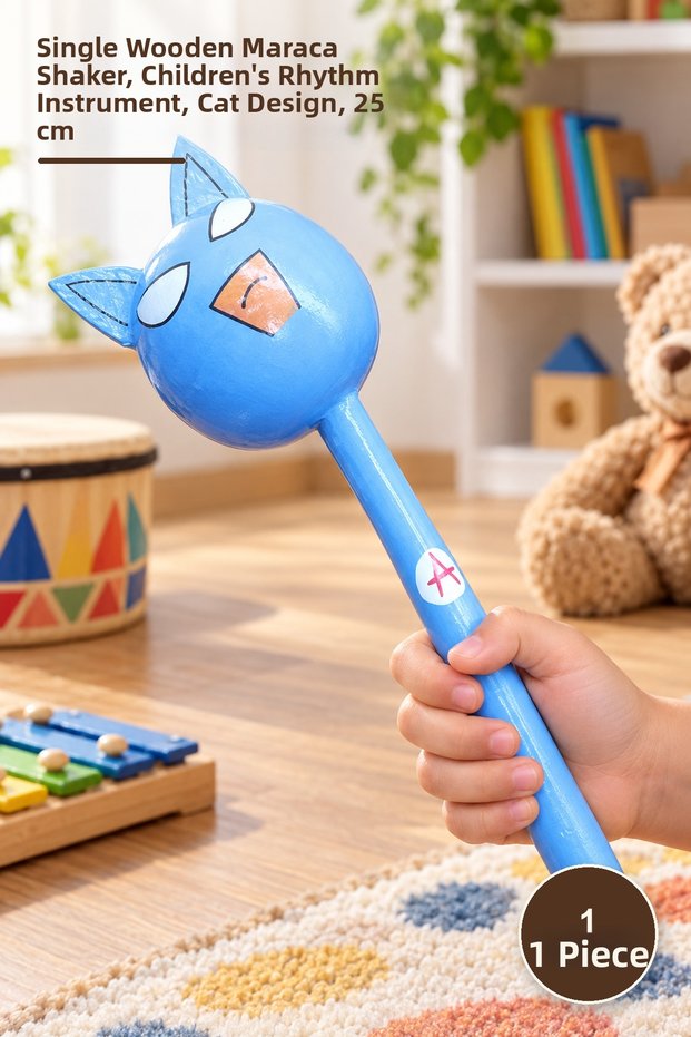 1 Piece Wooden Cat Maracas – Single Wooden Maracas Shaker, Children's Rhythm Instrument, Cat Design, 25 cm