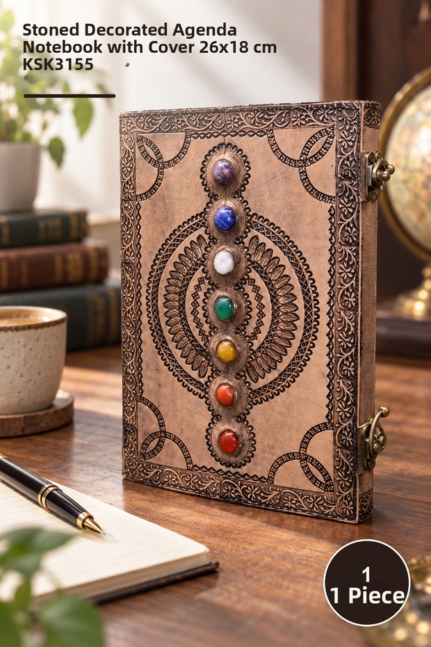 1 Piece of Stone-Embellished Leather Notebook – Covered Notepad with Stone Decorations, Agenda Notebook, Daily Planner 26X18 cm Ksk3155
