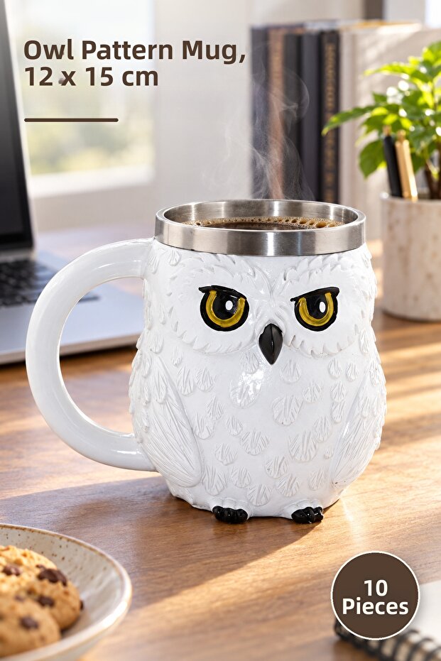 10 Pieces Stainless Steel Owl Mug – Mug, Owl Patterned Design, 12 X 15 cm