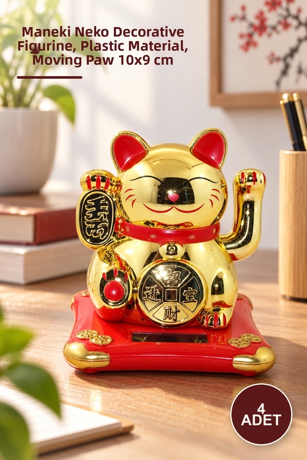 4 Pieces of Lucky Cat with Wagging Paws – Maneki Neko Decorative Figure, Plastic Material, Movable Paws 10X9 cm