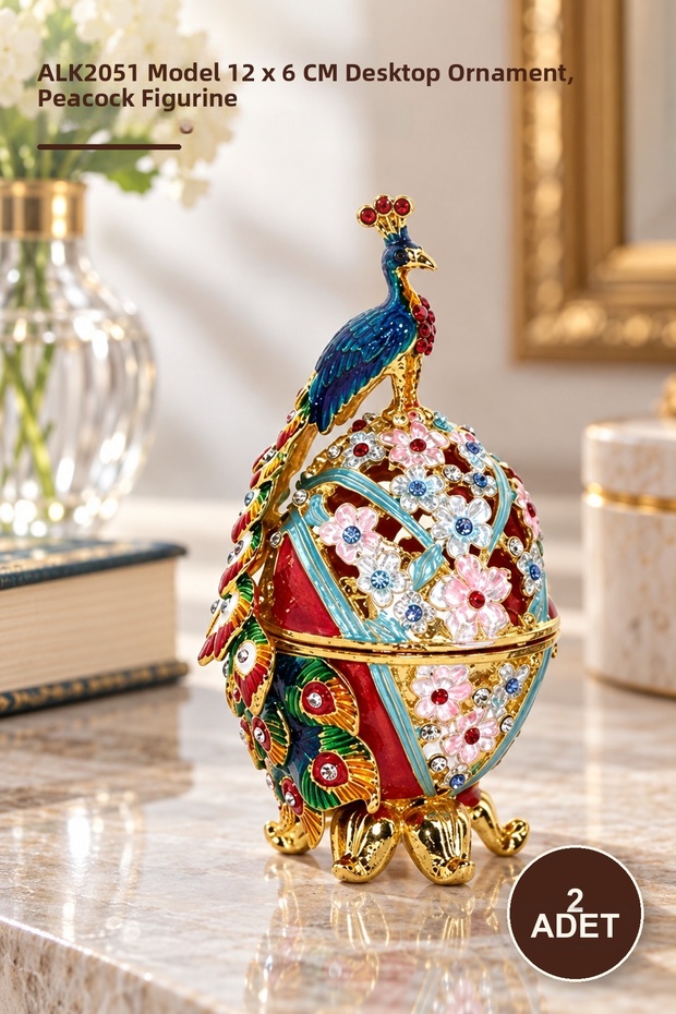 2 Peacock Decorative Figures – Model Alk2051, 12 X 6 cm Dimensions, Desktop Ornament, Peacock Figurine, Ornament