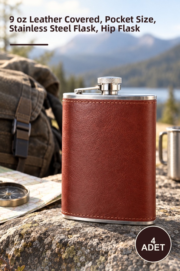 4 Stainless Steel Flasks – 9 oz Leather Covered, Pocket Type Use, Stainless Steel Flask, Hip Flask