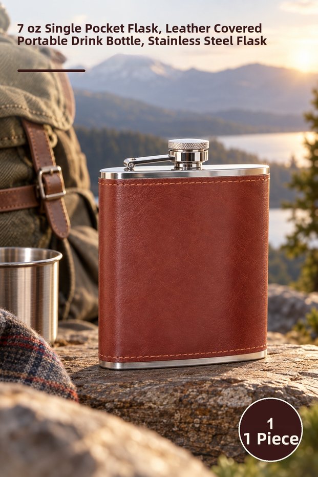 1 Piece Stainless Steel Flask with Leather Cover – 7 oz Single Flask, Portable Beverage Container with Leather Finish, Stainless Steel Flask