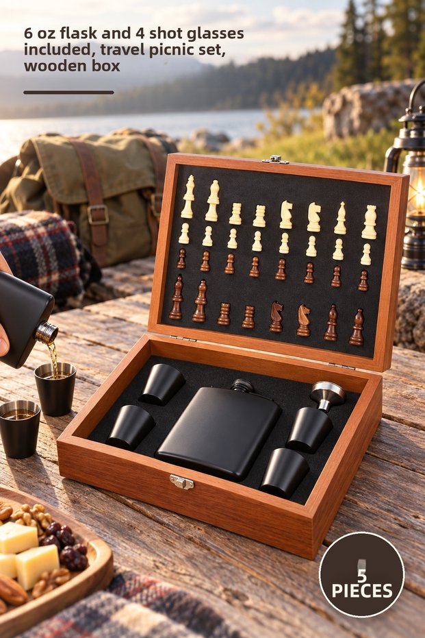 5-Piece Wooden Boxed Chess Flask Set – Includes 6 oz Flask and 4 Shot Glasses, for Travel Picnics, Flask Set Wooden Box