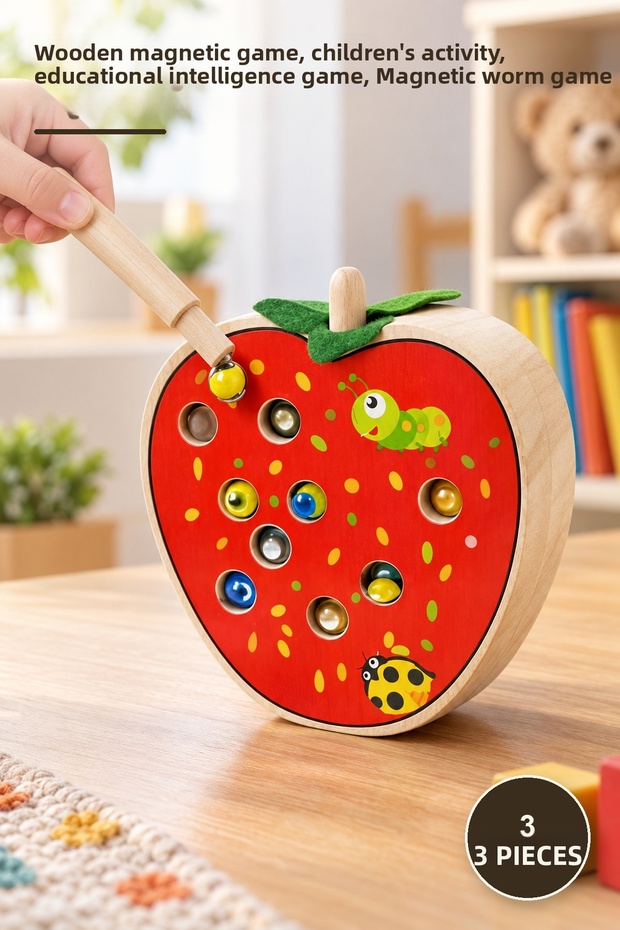 3 Pieces Wooden Magnetic Worm Catching Game – Wooden Magnetic Game, Children's Activity, Educational Intelligence Game, Magnetic Worm Game