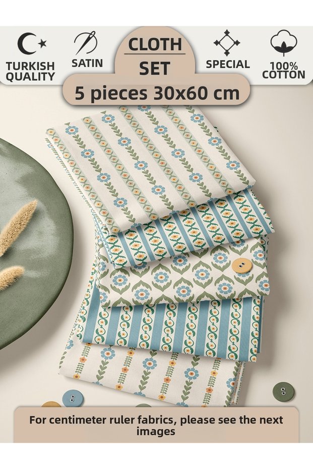 100% Cotton Fabric Panel Set 5 Different Patterns 30X60 cm – Vintage Floral Pattern, Blue, Green and Beige Tones