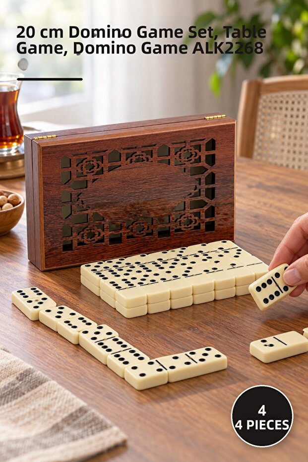 4 Pieces of Melamine Dominoes with Wooden Box – 20 cm Size Game Set, Board Game, Domino Game Alk2268