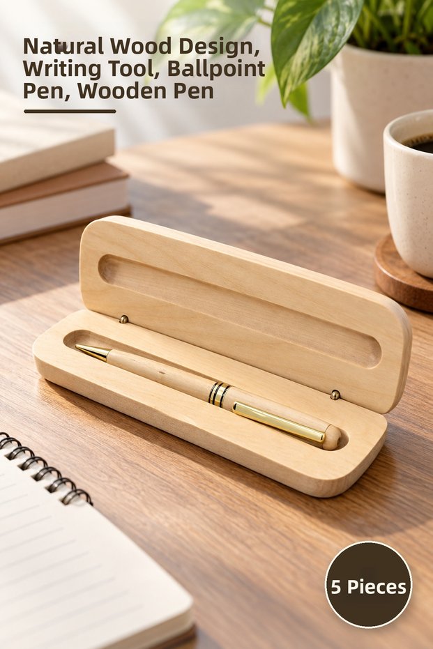 5 Pieces of Ballpoint Pens with Wooden Box – Natural Wood Design, Writing Tool, Ballpoint Pen, Wooden Pen