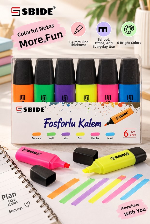6-Pack Highlighter Pens – 6 Colors Highlighter, Orange Green Purple Yellow Pink Blue