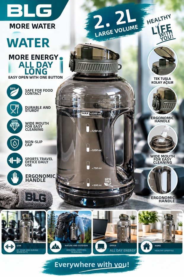 2.2L Unbreakable Sports Water Bottle Bpa-Free – Large Volume Leak-Proof Lid Water Bottle with Handle Gym Fitness Camping Outdoor Water Bottle