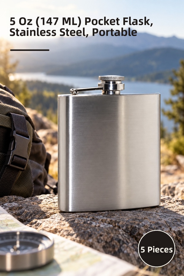 5 stainless steel flask - 5 oz (147 ml) pocket flask, stainless steel, portable