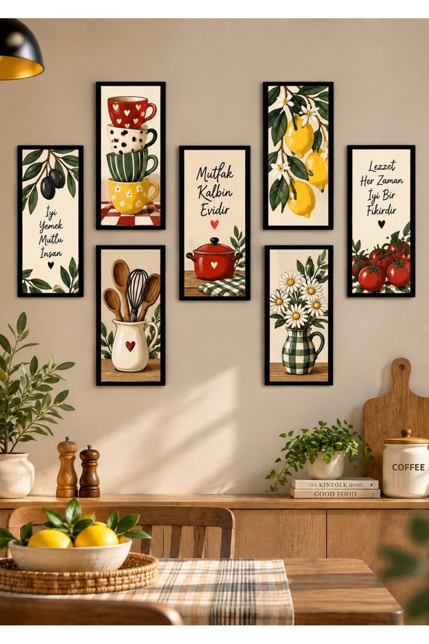 7 Piece Good Food Happy People Kitchen Painting Set 10X20 cm Framed Look Mdf Decorative Wall Painting