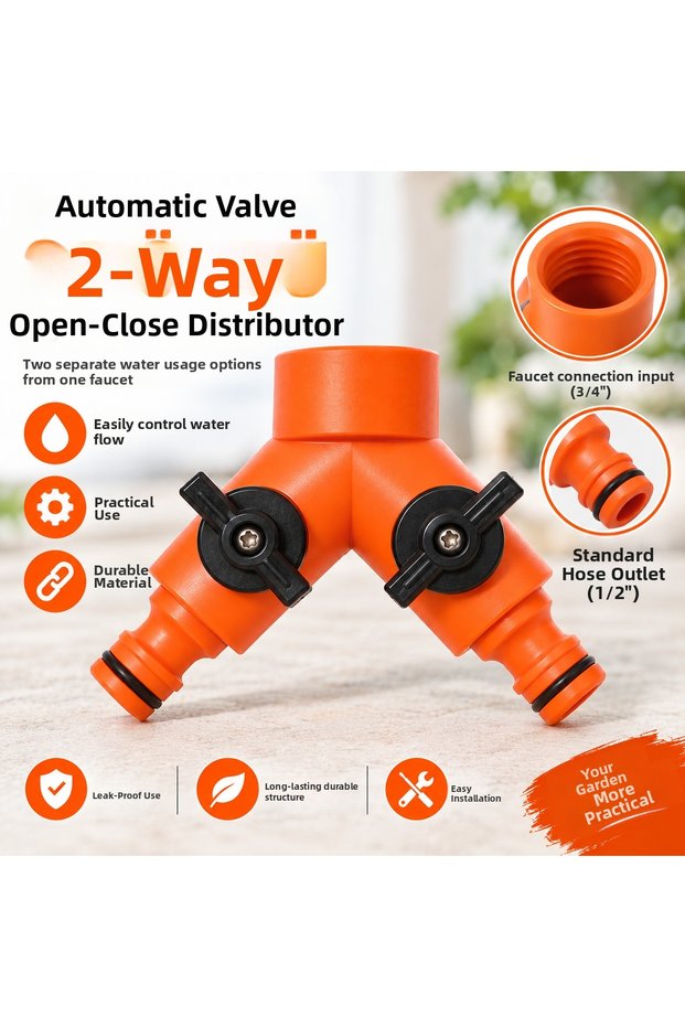 2-Way Hose Distributor with Automatic Valve 3/4 Tap Inlet 1/2 Outlet Garden Irrigation On/Off