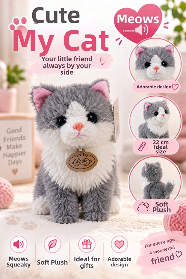 Plush Cat with Meowing Sound 22 cm Soft Toy Cat