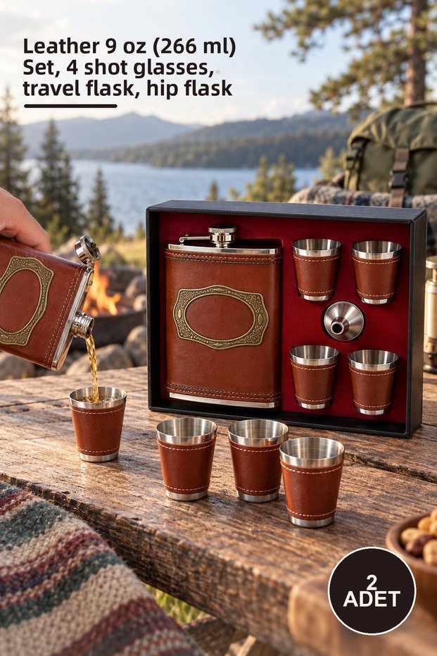 2 pieces flask - leathered 9 oz (266 ml) set, 4 shot glasses, travel flask, hip flask