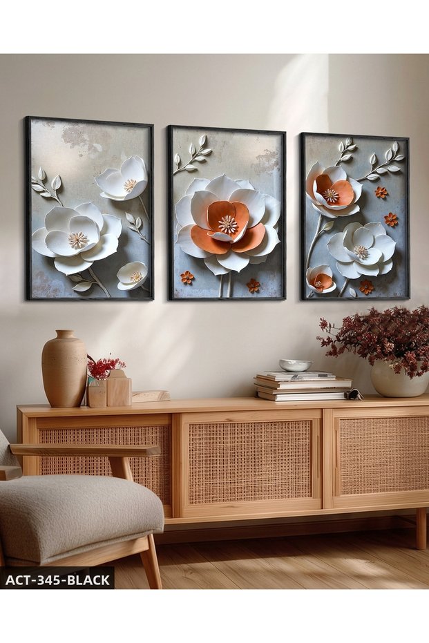 Textured Appearance White Orange Flower 3 Piece Wooden Framed Painting Act