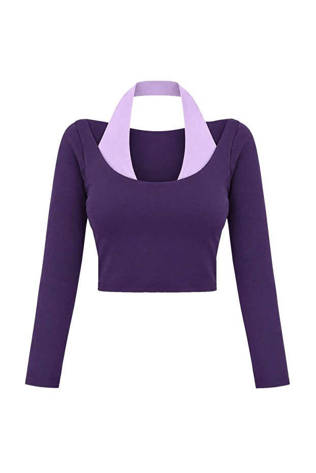 Mor Fırçalı Scuba Crop Bluz THMAW27BZ00006