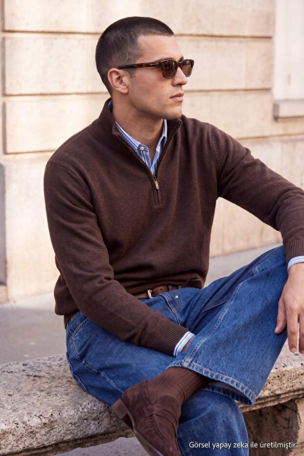 Wardrobe Essentials Kahverengi Yün İçerikli Regular Kesim Dik Yaka Triko Kazak TMNAW27KZ00031