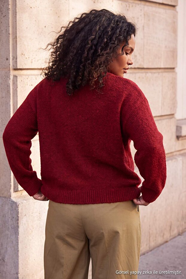 Wardrobe Essentials Bordo Moher Görünümlü Basic Büyük Beden Triko Kazak TBBAW27AN00072