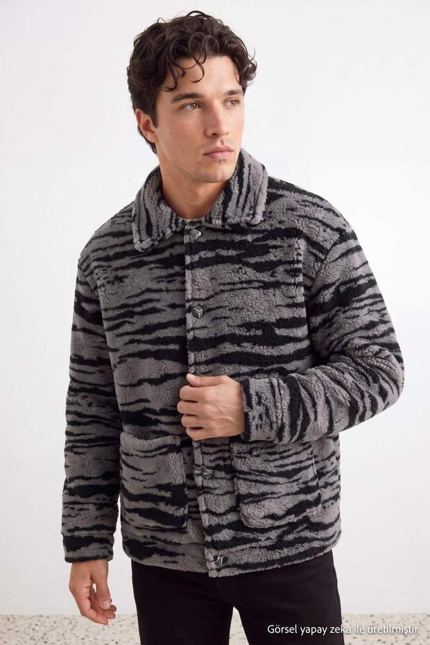 Antrasit Oversize/Geniş Kesim Desenli Şerpa Kalın Mont TMNAW27MO00011