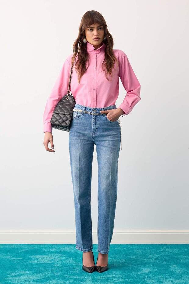 Limited Edition Mavi Az Esnek Ütü İzli Yüksek Bel Straight Jeans TWOAW27JE00220