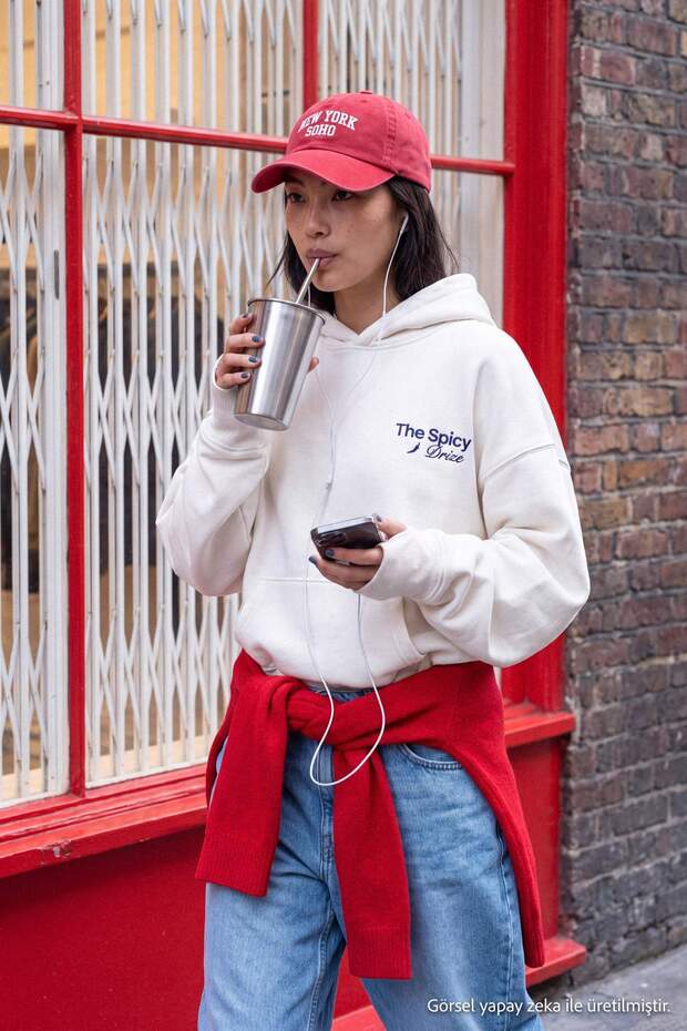 Ecru Spicy Drink Printed Thick Oversize/Wide Cut Hooded Knitted Sweatshirt Twoaw27Sw00151
