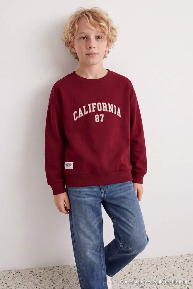 Burgundy Boys' Plain Knitted Oversize Sweatshirt Tkdaw27Sw00005 Knitted Sweatshirt Tkdaw27Sw00005