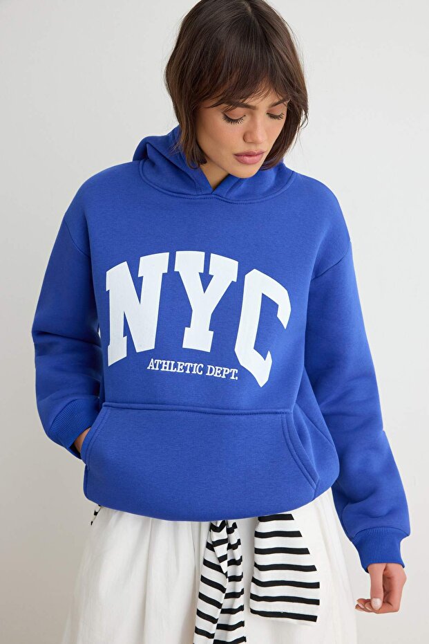 Saks Kalın İçi Polarlı Slogan Standart Kalıp Kapüşonlu Örme Sweatshirt TWOSS26SW00008
