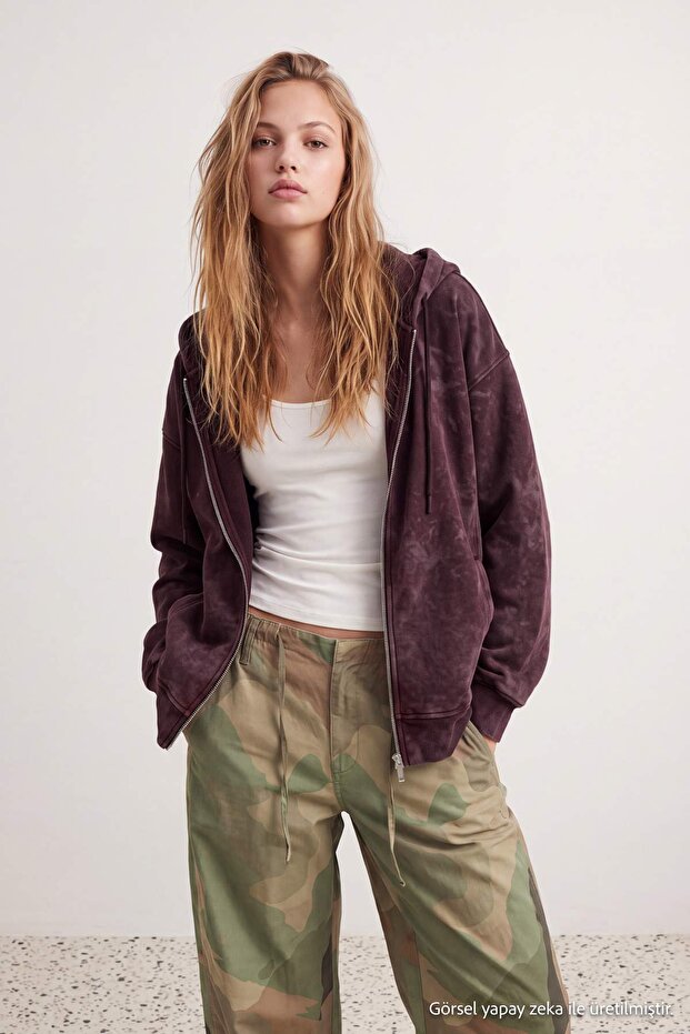 Brown Thick Washed Effect Hooded Zippered Oversize Knitted Cardigan/Sweatshirt Twoaw27Sw00061