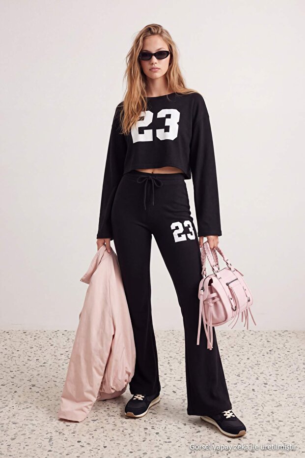 Black Printed Regular Fit Asymmetric Collar Soft Touch Knitted Bottom - Top Set Twoaw27Au00157