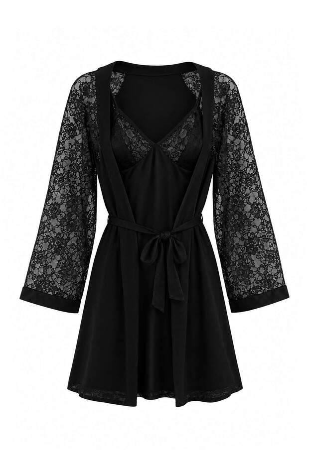 Black 2-Piece 56% Viscose,44% Polyester Plain Lace Detailed Viscose Single Jersey Knitted Nightgown Thmaw27Gc00002
