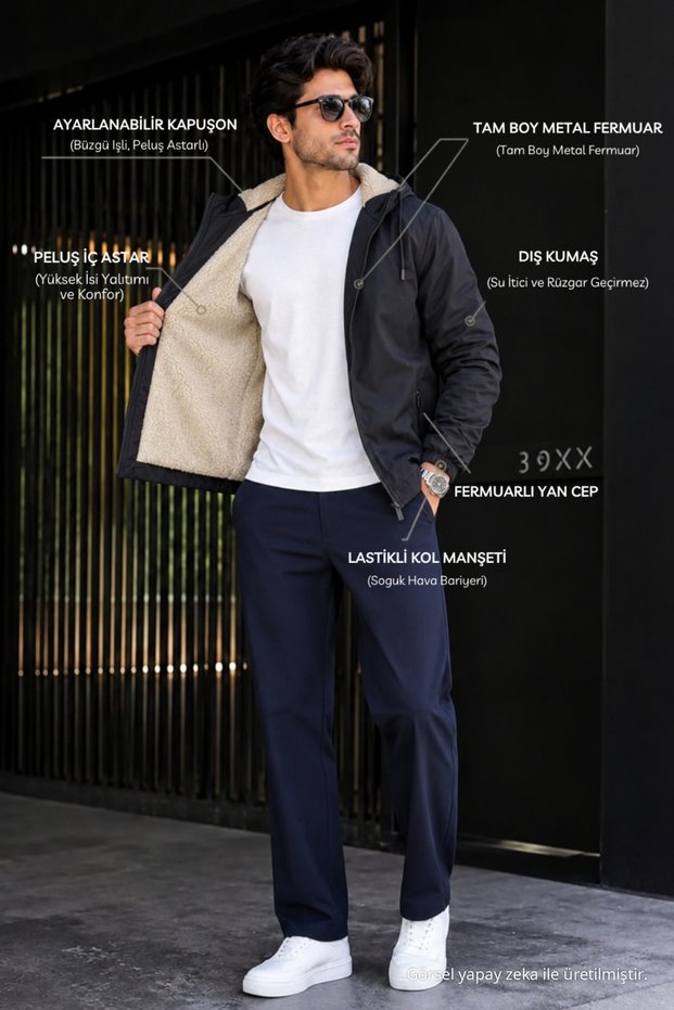 Men's Trend Black Zippered Plush Lined Raincoat
