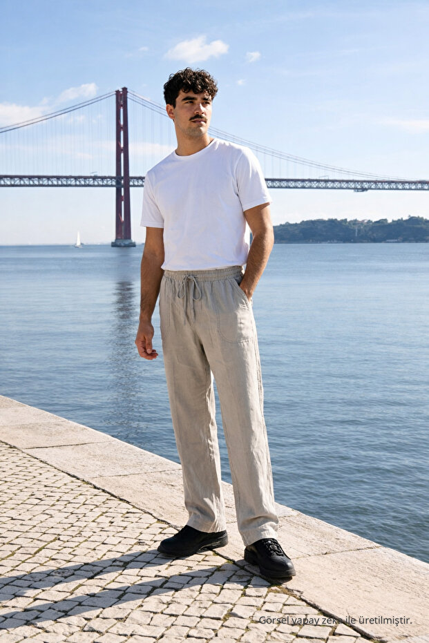 Men's Jogger Stone Linen Trousers with Elastic Waist