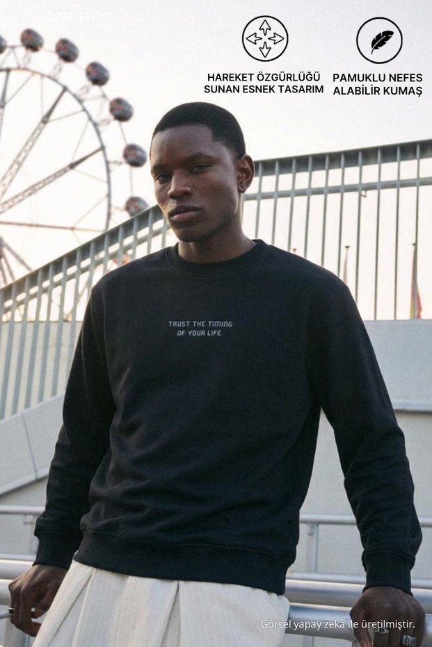 Men's Regular Fit Printed Crew Neck Black Sweatshirt