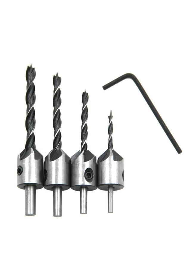 1 set 4pcs Carpentry Drill+1pc Wrech 3mm-6mm HSS Flute Countersink Drill Bits Set Chamfer Reamer for