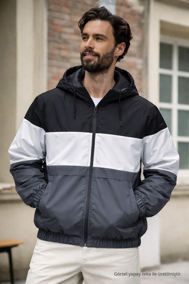 Men's Comfort Fit Patterned Loose Fit Smoked Raincoat & Windbreaker