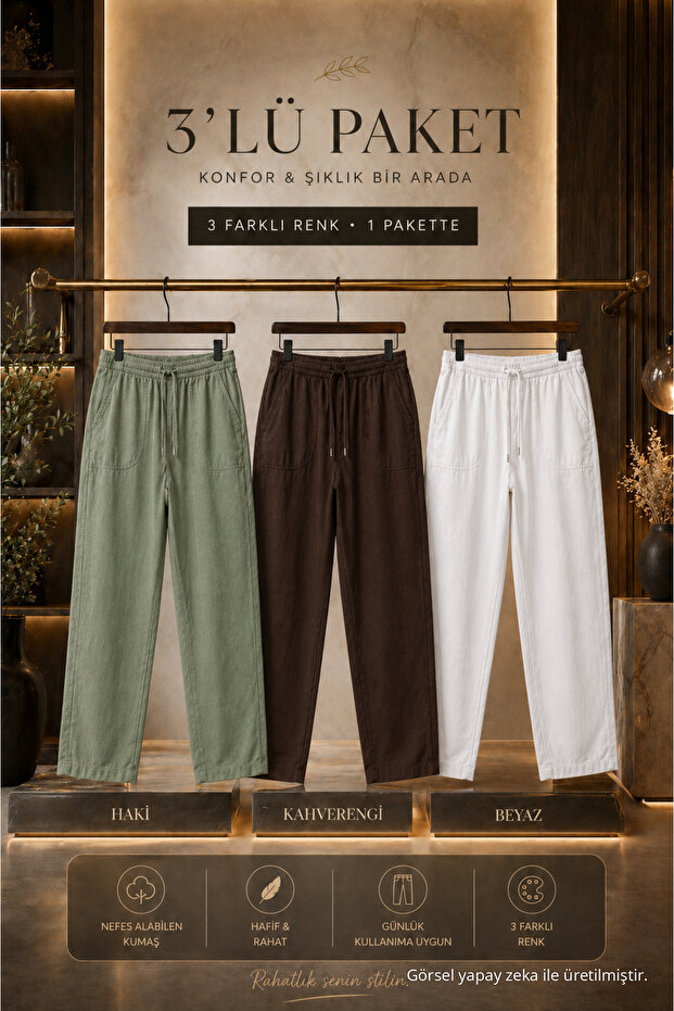 3 Pieces Men's High Waist Elastic Summer Linen Trousers