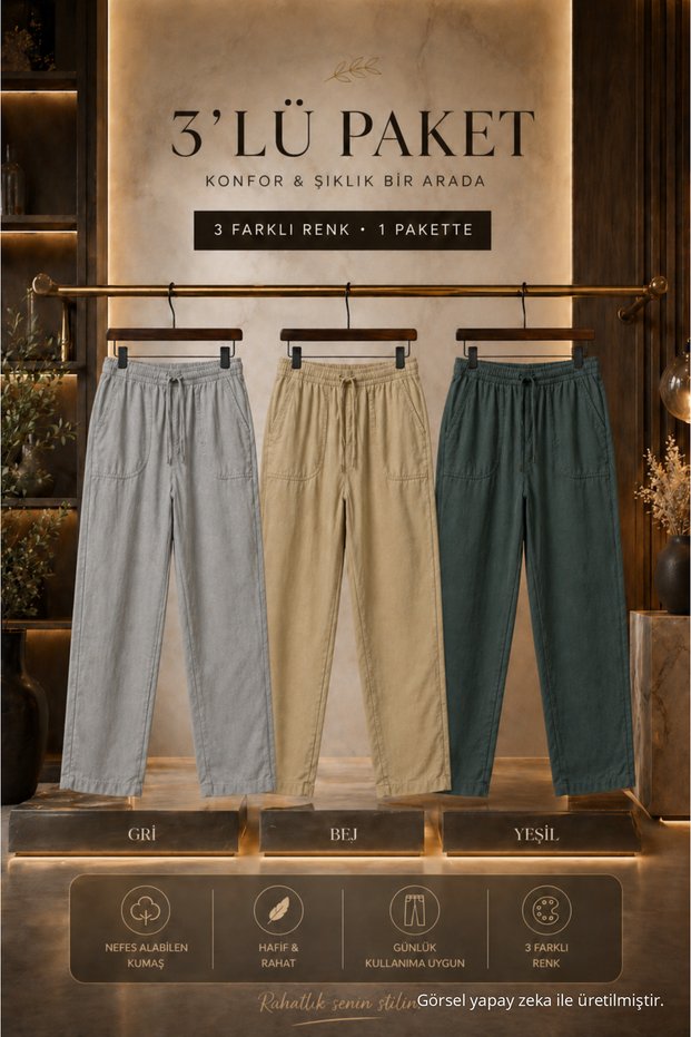 3 Pieces Men's High Waist Elastic Summer Linen Trousers